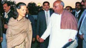 A file photo of JD(S) supremo H.D. Deve Gowda with Congress president Sonia Gandhi